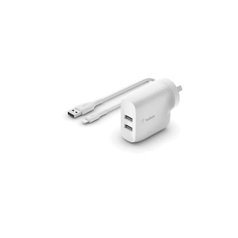 Belkin, Belkin 24W Dual USB-A Wall Charger A-Lightning Cable - Blanc