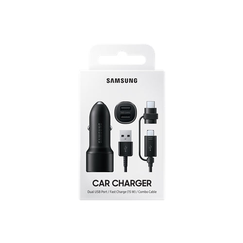 Samsung, Chargeur de voiture Samsung Duo Dual 15W USB A Fast Charge & Multi Cable - Noir