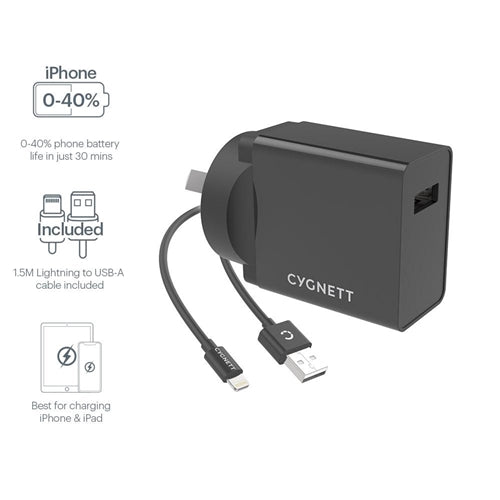 Cygnett, Chargeur mural Cygnett 12W et câble Lightning vers USB-A