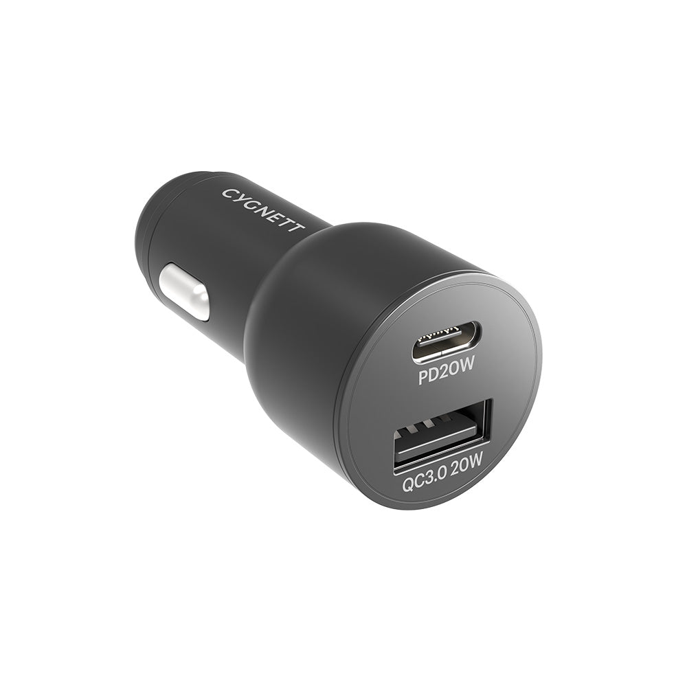 Cygnett, Cygnett Chargeur de voiture à double port 20W USB-C PD & 20W QC 3.0 - Noir