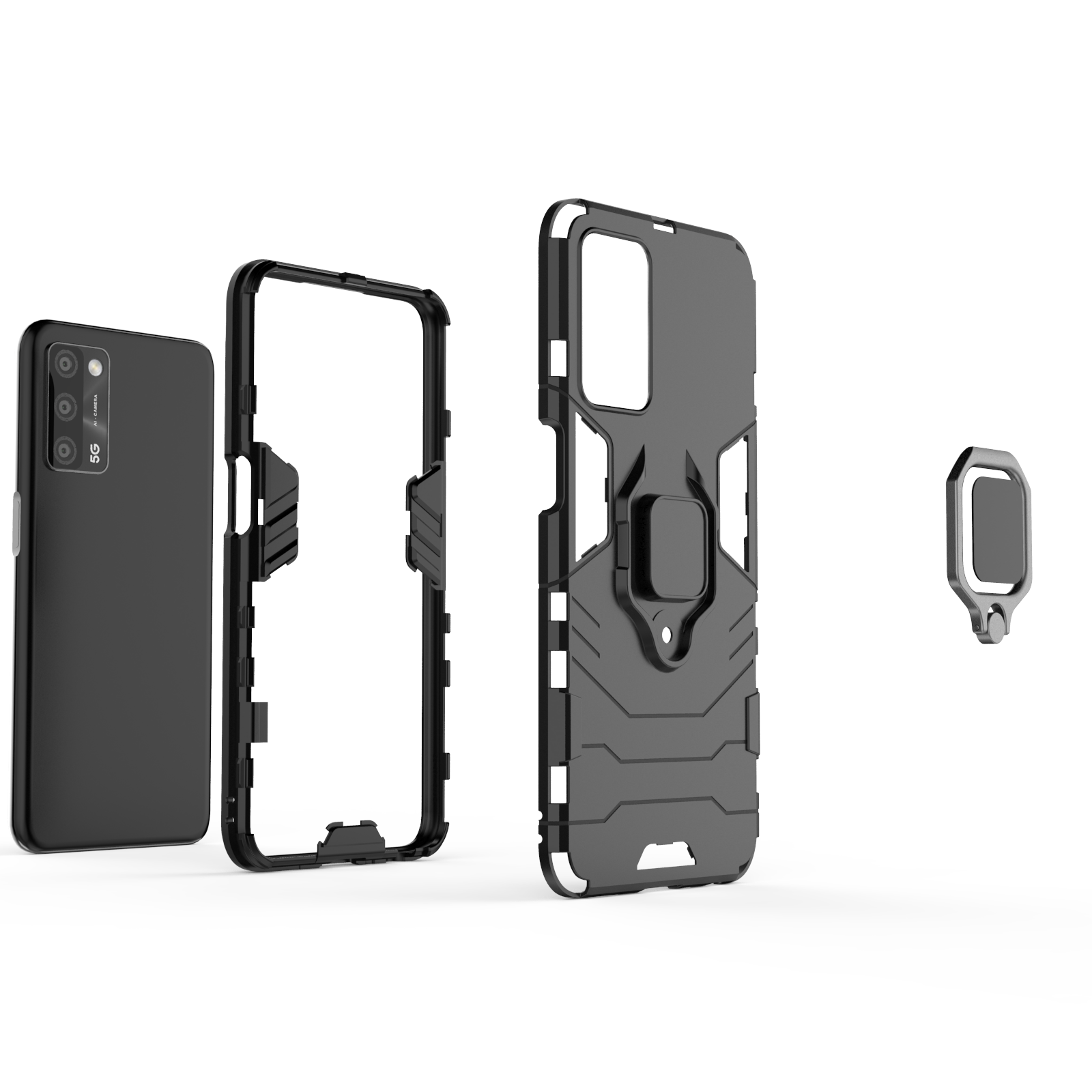 Générique, Etui robuste et protecteur Oppo A16S & A54S avec support d'anneau - Noir