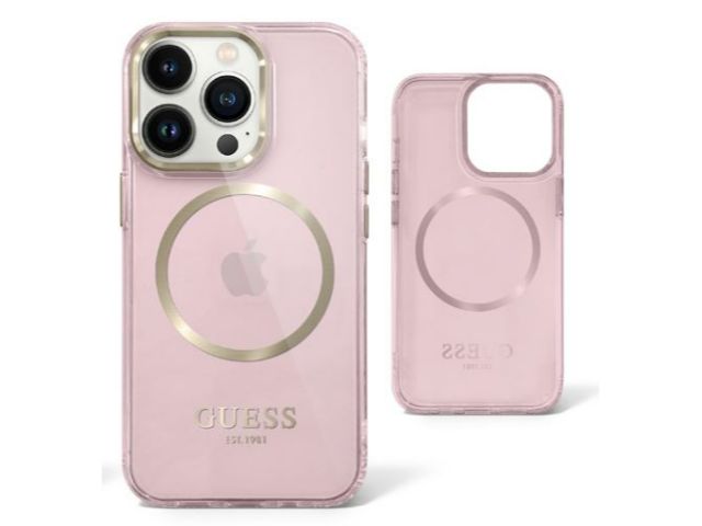 Devinez, GUESS Ring Edition Coque Protectrice iPhone 14 Standard 6.1 - Rose Translucide