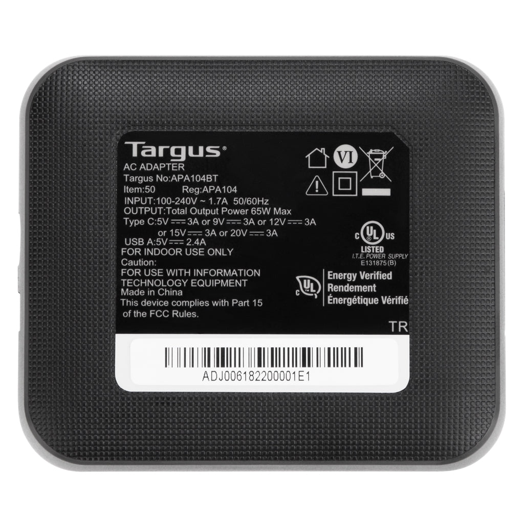 Targus, Targus Chargeur mural USB-C 60W et USB-A 5W avec Quick Charge 3.0 Noir