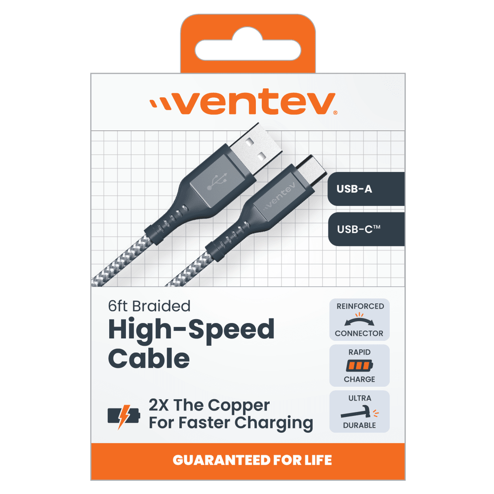 Ventev, Ventev High Speed USB A to USB C Braided Cable with 2x the Copper for Faster Charging 6ft Gray (câble tressé USB A vers USB C avec 2 fois plus de cuivre pour une charge plus rapide)